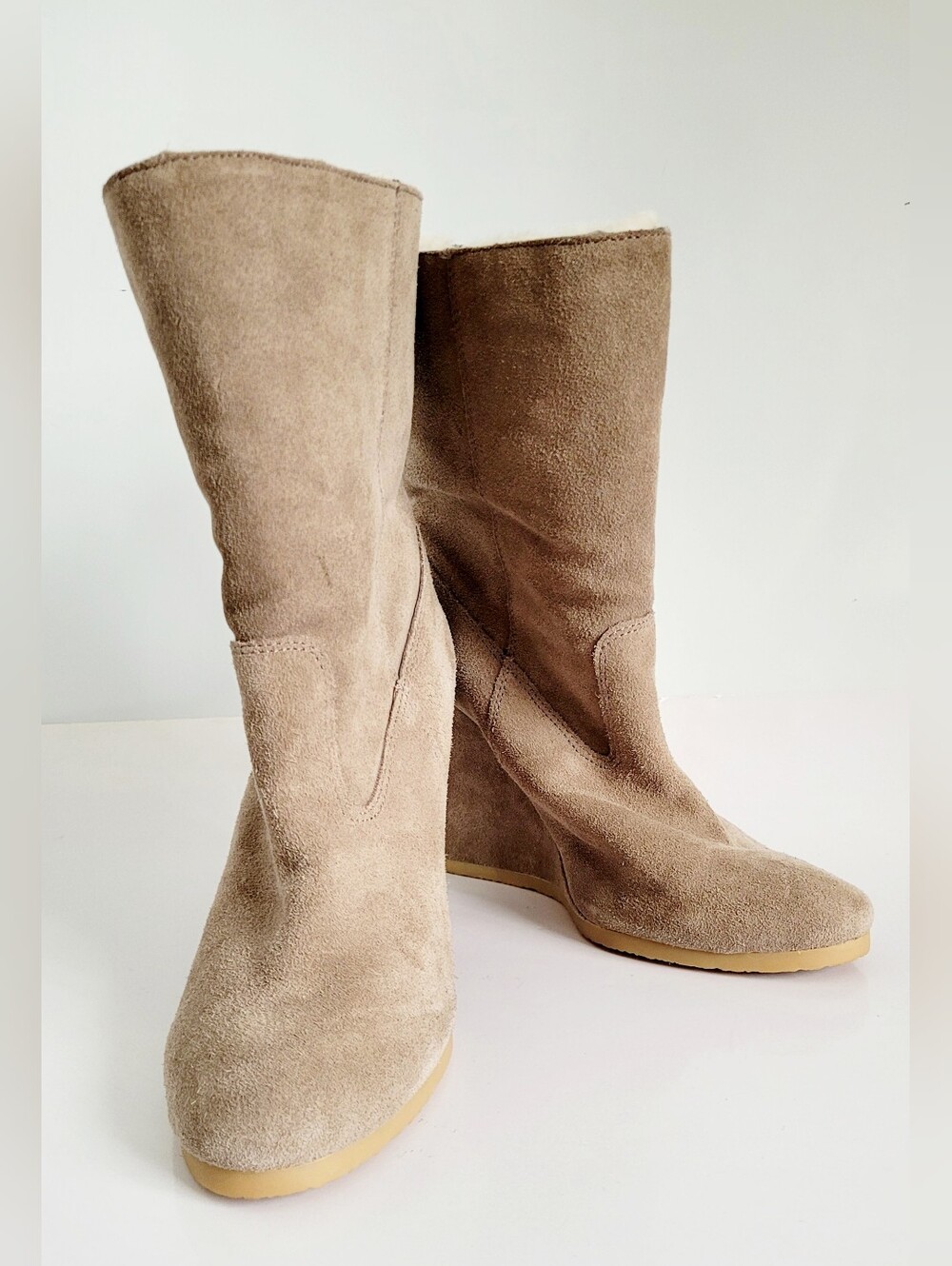 Coach Danee Taupe Suede Shearling Wedge Ankle Boots with Side Zip 10 - Picture 13 of 16
